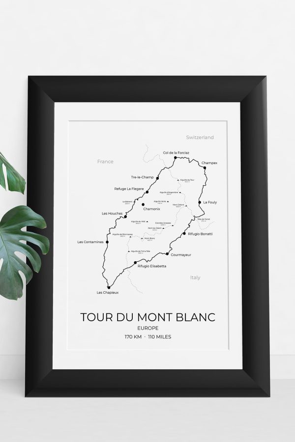 Tour du Mont Blanc route art print in a picture frame