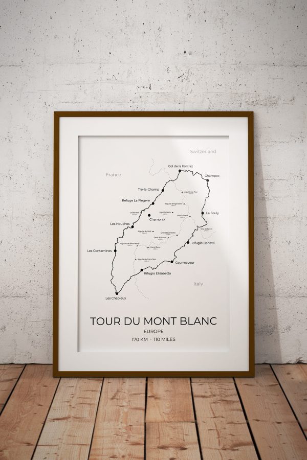Tour du Mont Blanc route art print in a picture frame