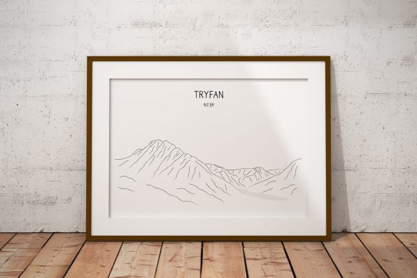 Tryfan line art print in a picture frame