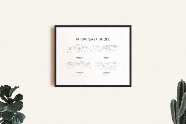 UK Four Peaks Challenge line art print in a picture frame