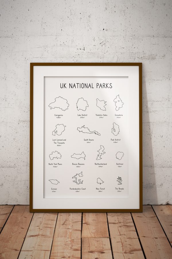 UK National Parks line art print in a picture frame