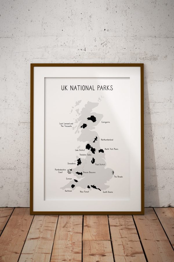 UK National Parks map art print in a picture frame