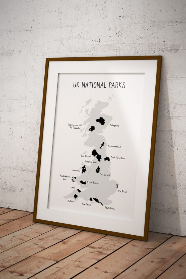 UK National Parks map art print in a picture frame