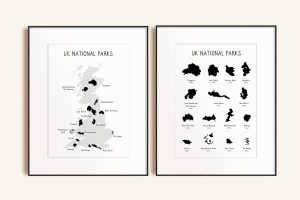 UK National Parks Map Art Print Set Black in a picture frame