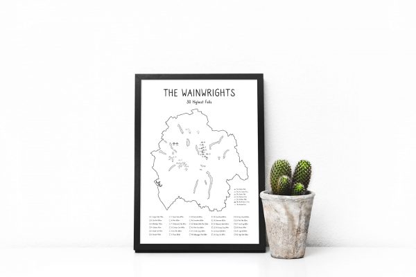 Wainwrights 30 Highest Fells Checklist Map art print in a picture frame