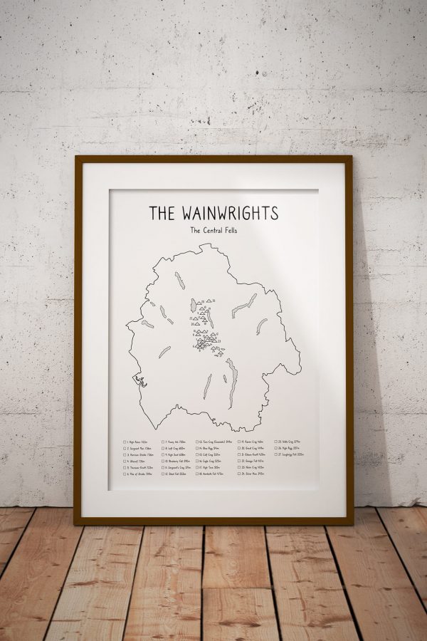 Wainwrights Central Fells Checklist Map art print in a picture frame