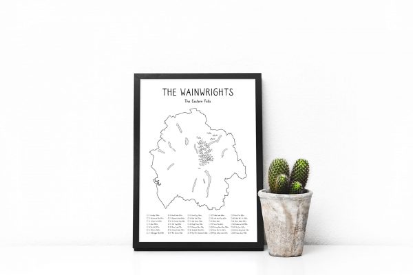 Wainwrights Eastern Fells Checklist Map art print in a picture frame