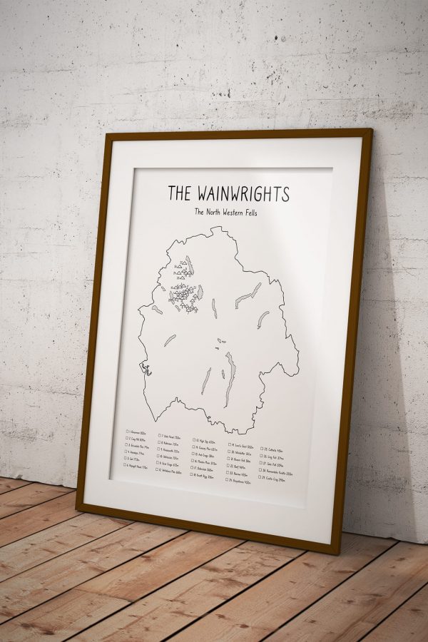 Wainwrights North Western Fells Checklist Map art print in a picture frame
