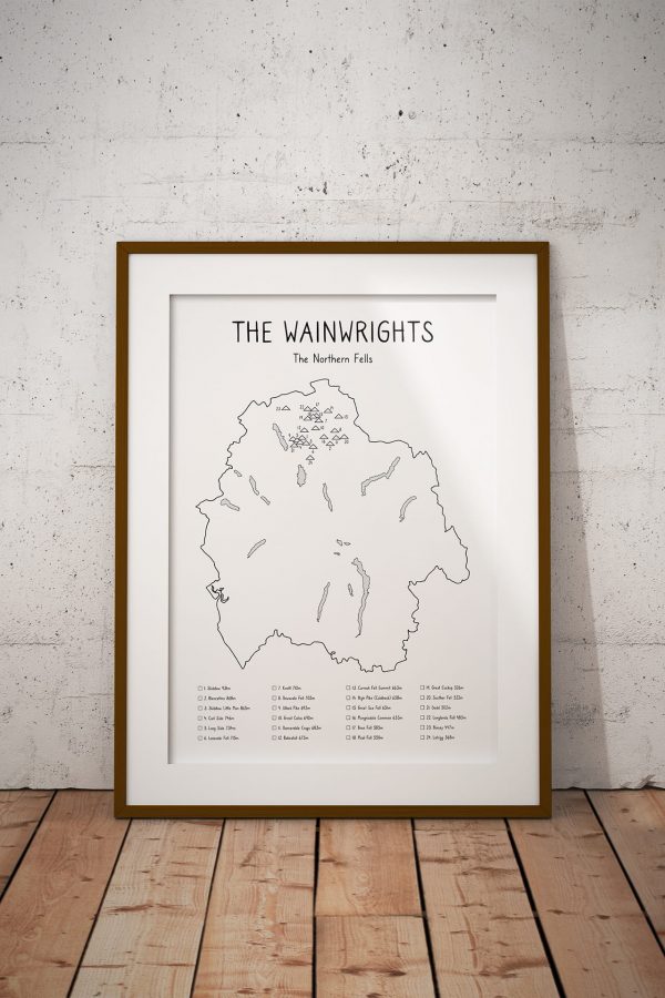 Wainwrights Northern Fells Checklist Map art print in a picture frame