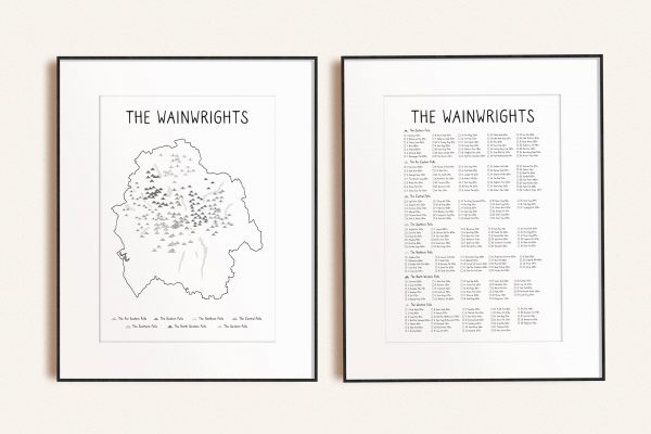 Wainwrights Numbered Map & Checklist Art Print Bundle in picture frames