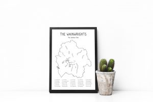 Wainwrights Southern Fells Checklist Map art print in a picture frame