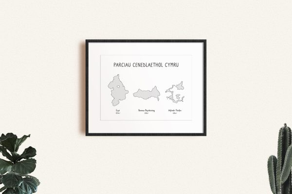 Welsh National Parks shaded line art print in a picture frame