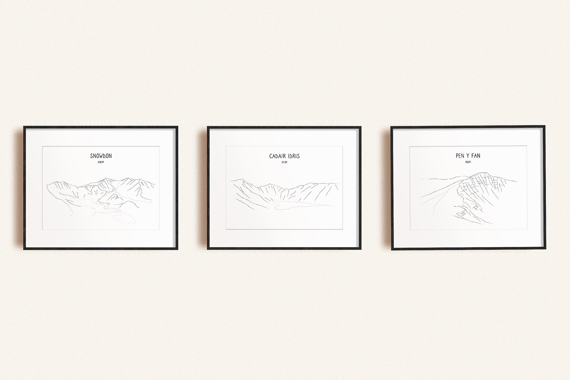 Welsh Three Peaks set of three line art prints in picture frames