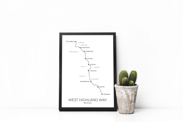 West Highland Way long distance walking route print in a picture frame