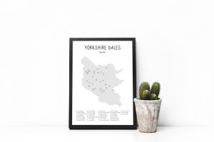 Yorkshire Dales Hewitts map shaded art print in a picture frame