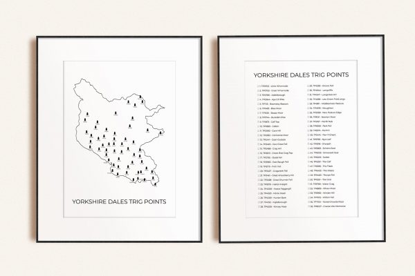 Yorkshire Dales trig points map checklist bundle of two art prints in picture frames
