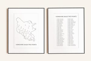 Yorkshire Dales trig points map checklist bundle of two art prints in picture frames