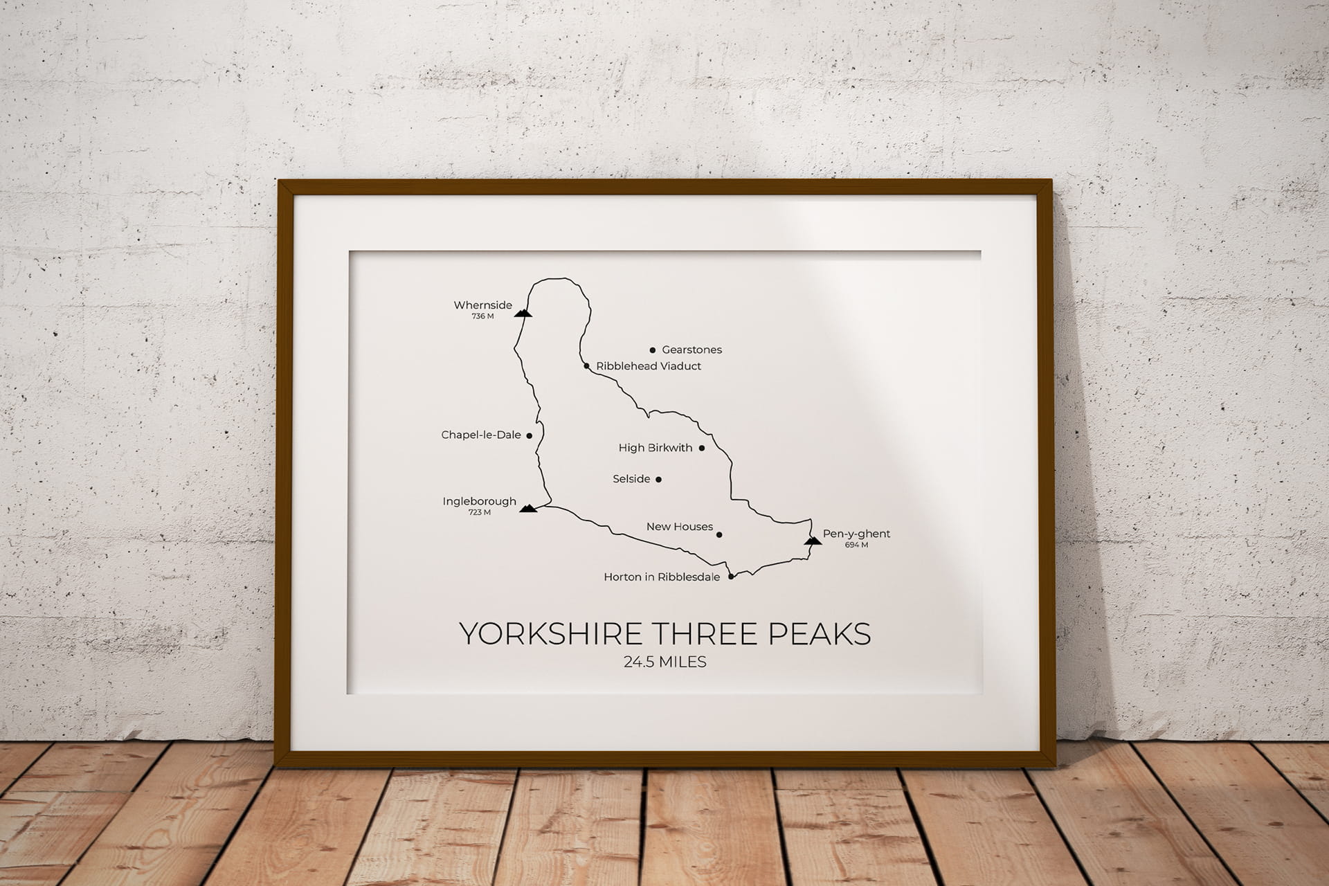 Yorkshire Three Peaks Challenge Route art print in a picture frame
