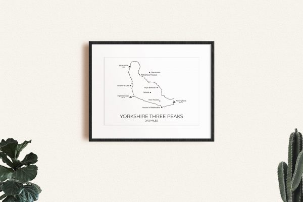 Yorkshire Three Peaks Challenge Route art print in a picture frame