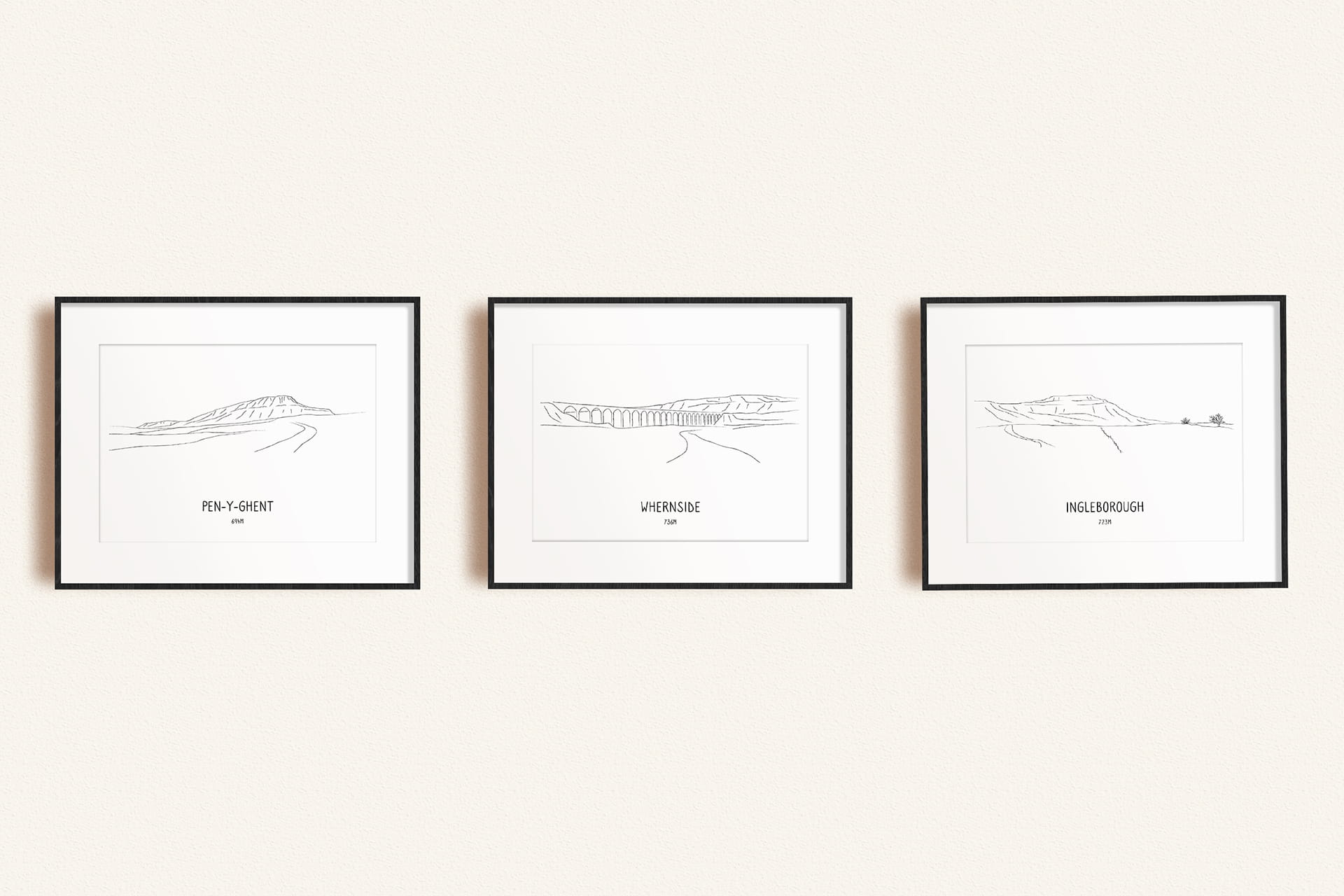 Yorkshire Three Peaks Challenge set of three line art prints in picture frames