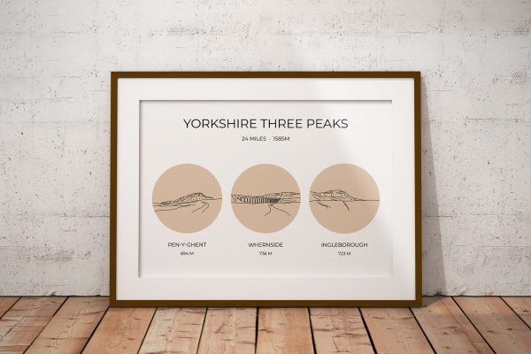 Yorkshire Three Peaks Challenge single colour art print in a picture frame