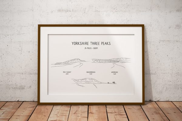 Yorkshire Three Peaks Challenge line art print in a picture frame