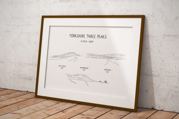 Yorkshire Three Peaks Challenge line art print in a picture frame