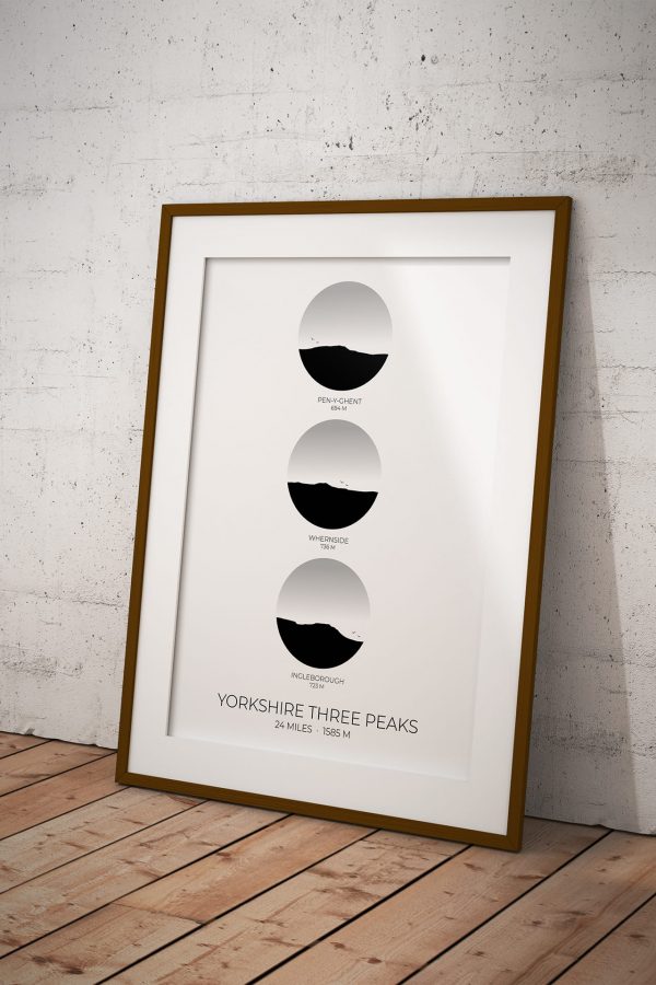 Yorkshire Three Peaks vertical circle art print in a picture frame